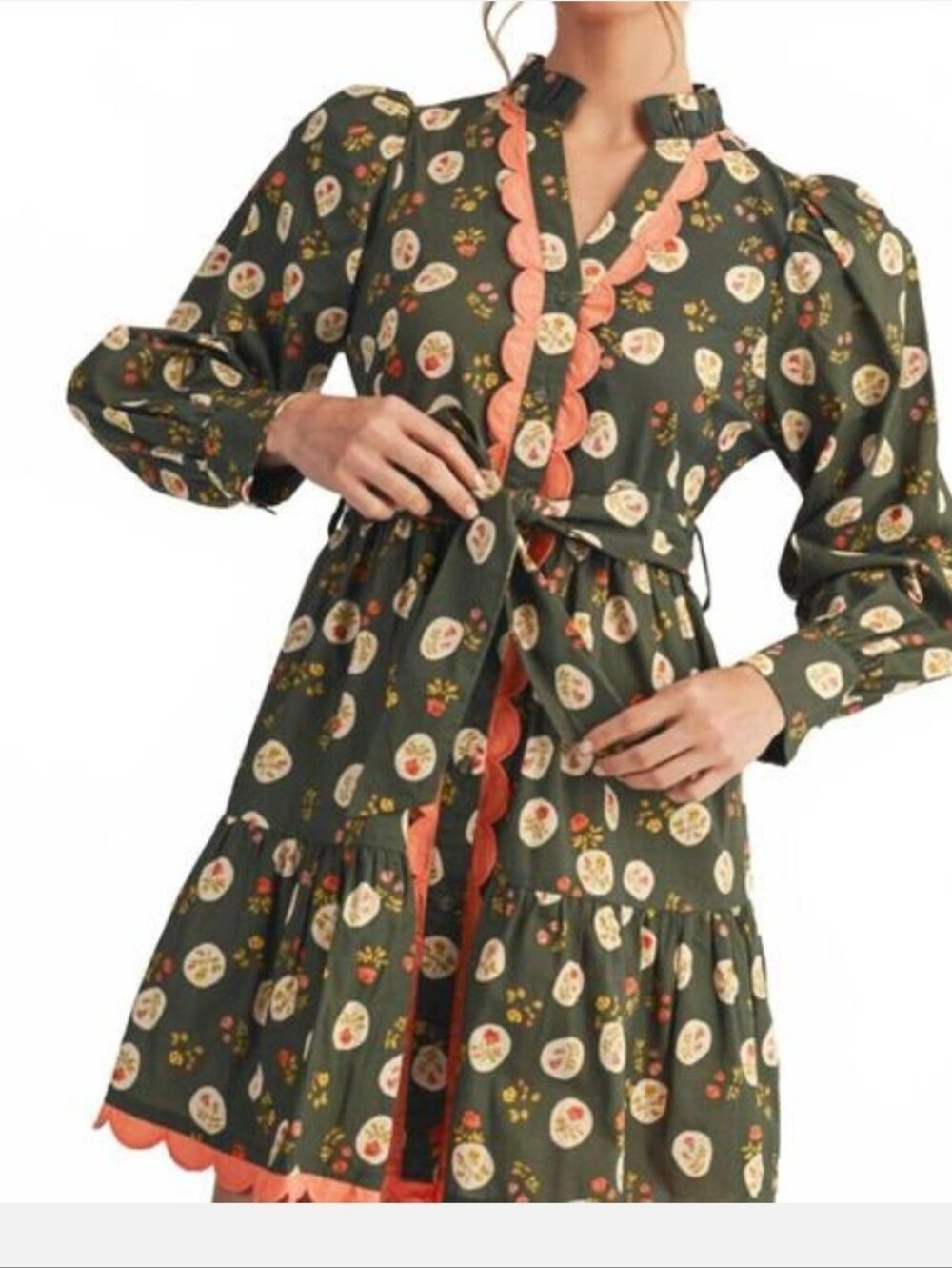 JODIFL Olive Green Mini Dress with Coral Trim and Cream Medallion Print
